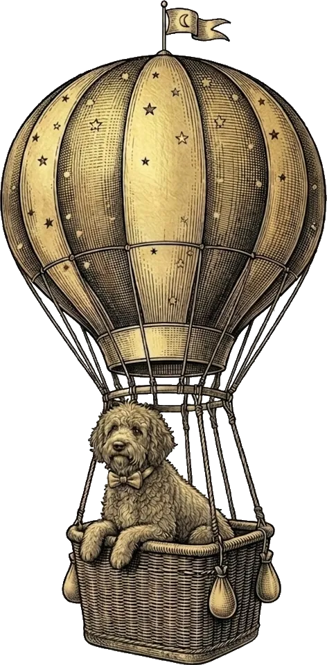Jax, a dog in a bow tie, drifting in a hot-air balloon