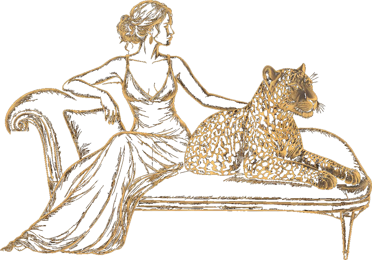A woman in a gold gown reclining on a chaise longue beside a resting leopard