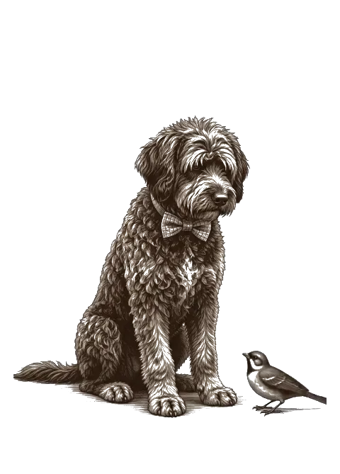 Jax, a curly standard poodle in a bow tie, looking down at a little bird